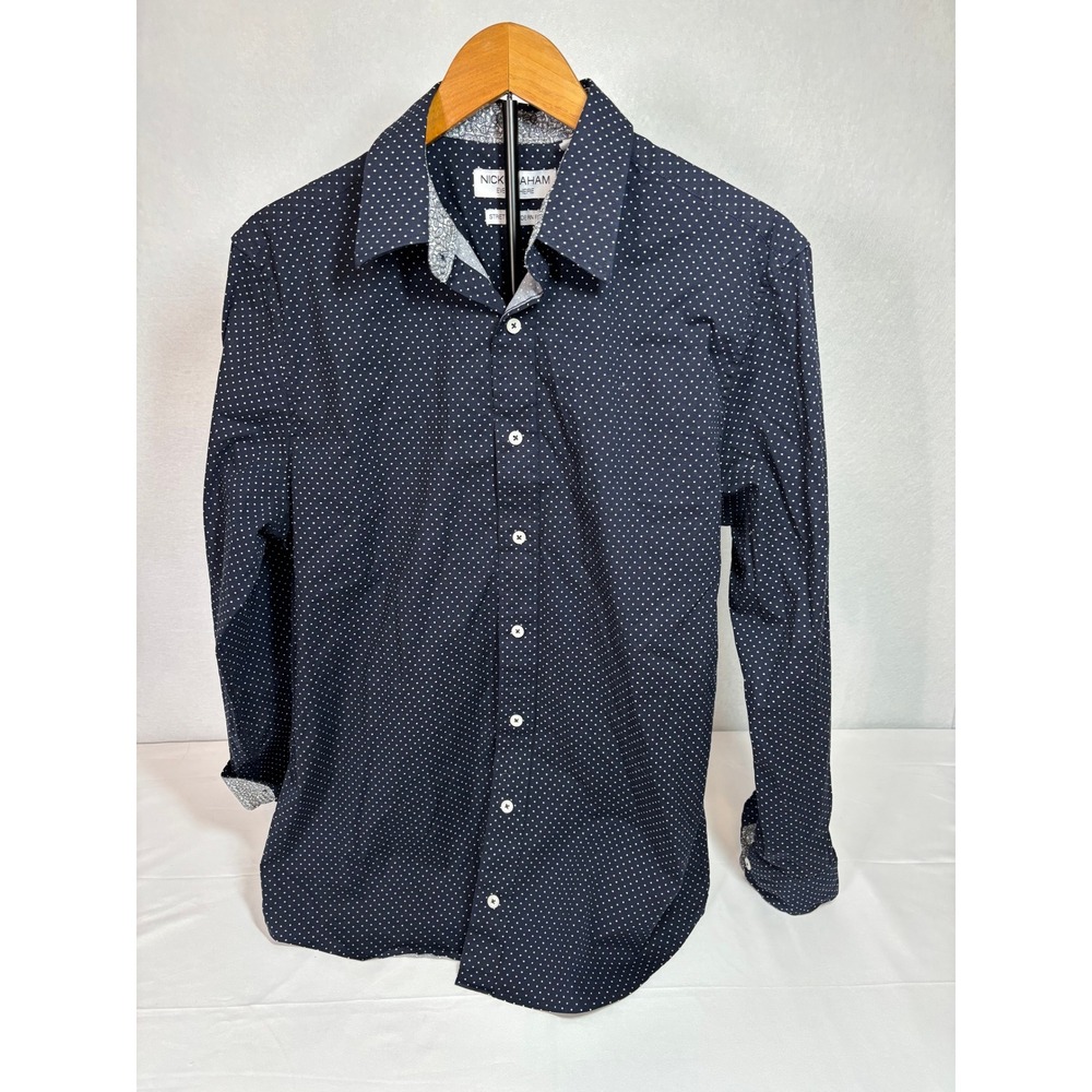 Nick Graham Everywhere Mens Navy PolkaDot Stretch Modern Fit Button Down Shirt L